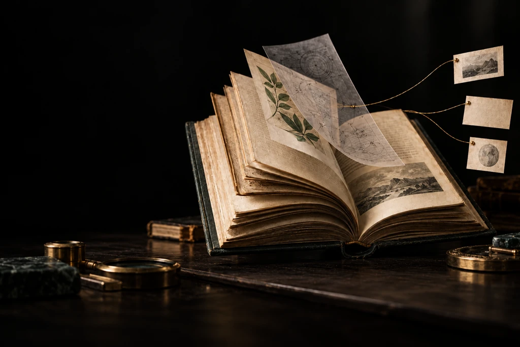 An imagined open book with translucent pages and fine connecting threads.
