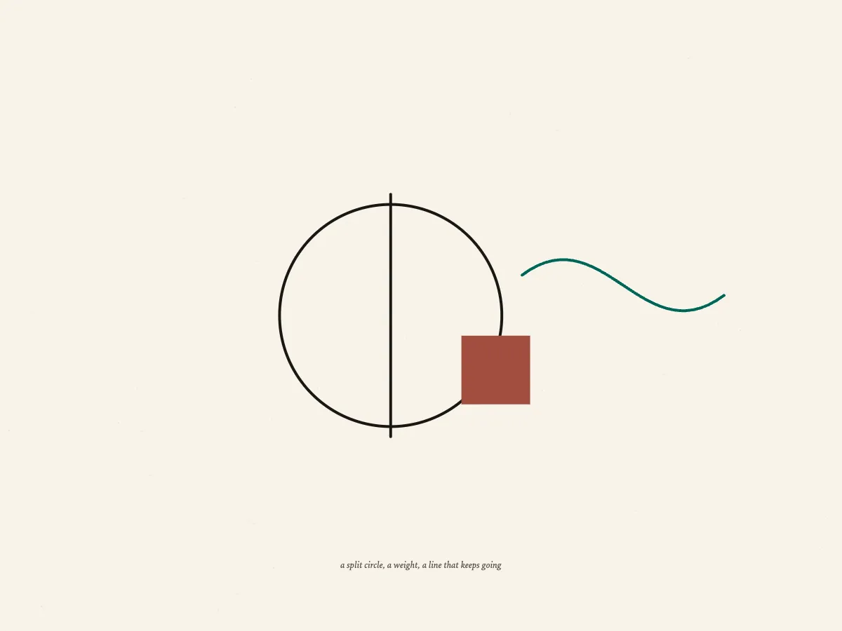 Today’s shape: A loose scribble on paper resolves into a split circle, a copper weight and a sea-glass line: a personal symbol.