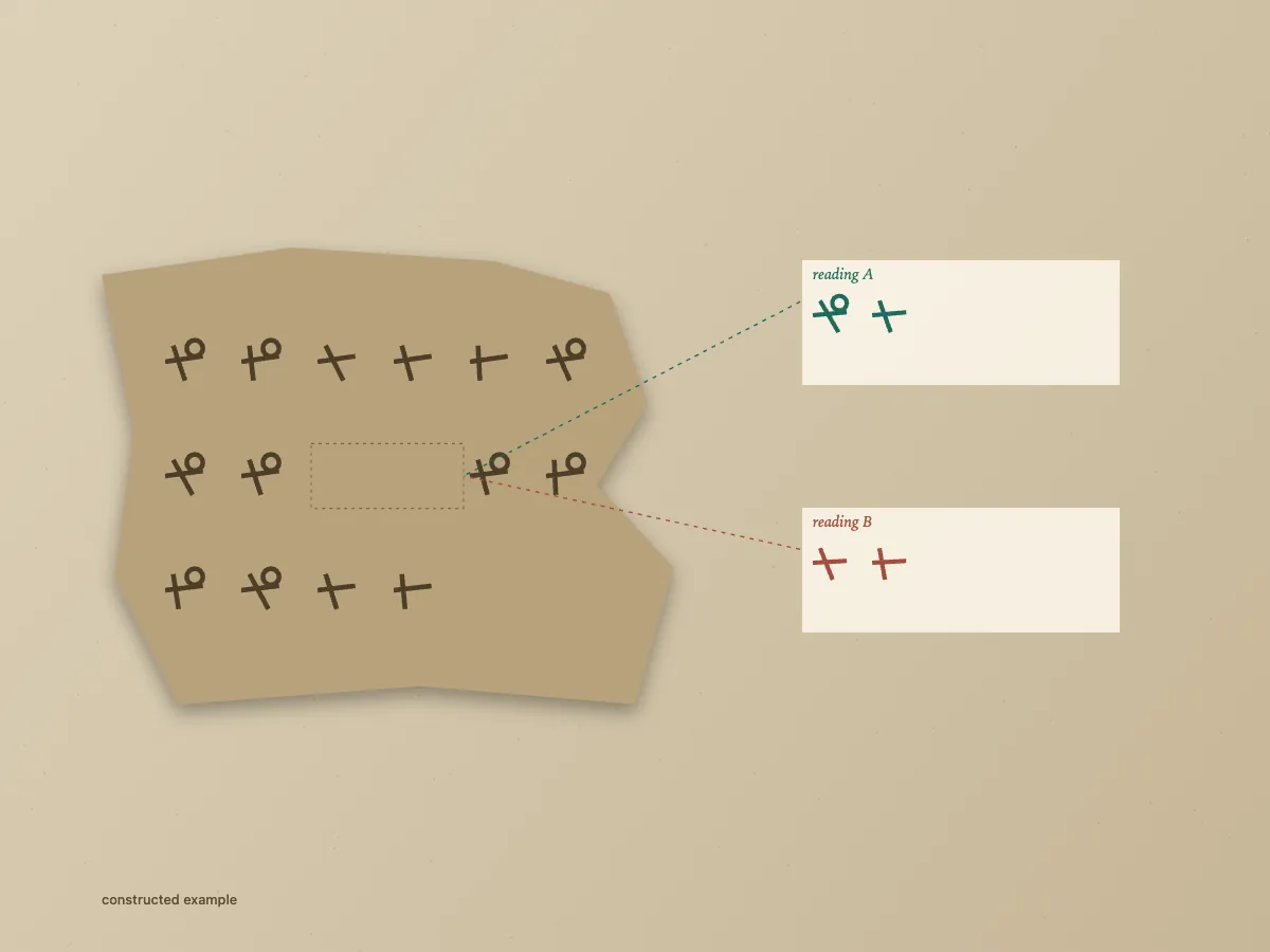 Fragments toward meaning: A broken tablet of constructed signs with a gap. Two proposed readings take turns filling the gap. A newly verified clue appears, and one reading fades while the other remains open. A constructed example, not a real inscription.